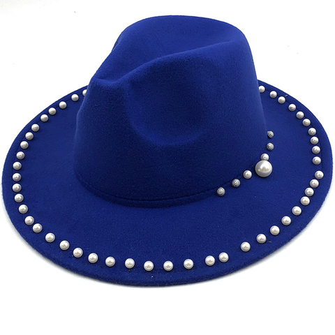 Sombrero Fedora de lana para hombre y mujer, Sombrero con cinta con perlas, elegante, para invierno y otoño, ala ancha, iglesia, Panamá, Sombrero de Jazz ► Foto 1/6