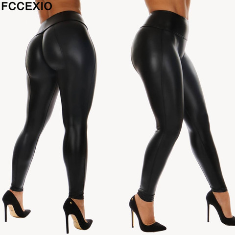 FCCEXIO-mallas elásticas de cuero PU con adorno brillante falsa patente, pantalones de cintura alta, ajustados, Nuevo negro ► Foto 1/6