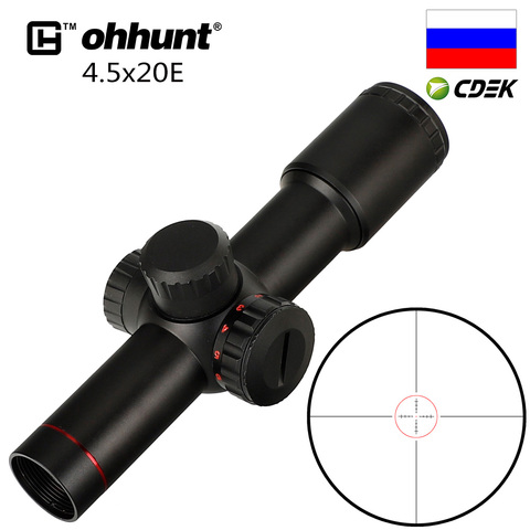 Ohhunt-mira compacta para Rifle de caza, 4,5 x 20e, Riflescope de retícula con cristal rojo iluminado, con tapas y anillos de lente abatibles ► Foto 1/6