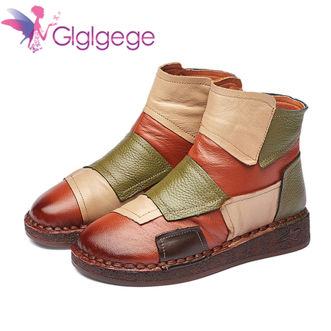 Glglgege Color mezclado plana de las mujeres botas de invierno de cuero genuino 2022 corto felpa casual zapatos de mujer zapatos de piel caliente nieve tobillo botas ► Foto 1/6