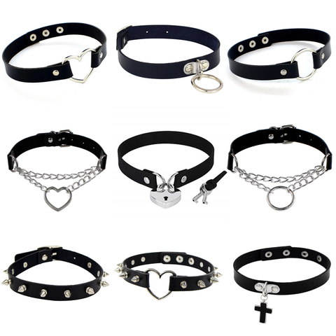 Nuevo Punk Rock gótico de cuero de la PU de corazón ronda remache de Punta Collar tachonado gargantilla Collar joyería de cuerpo cumpleaños fiesta regalo ► Foto 1/6