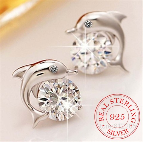 Lindo romántico amor del delfín Pendientes de broche para las mujeres de alta calidad 925 joyas de plata corte redondo AAA ZIRCON brinco bijoux ► Foto 1/6