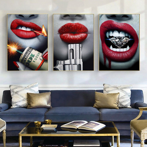 Pintalabios rojo sangre, Pintalabios Sexy con pistola y dinero, lienzo de moda, pintura, decoración de pared moderna, póster e impresiones para decoración de habitación ► Foto 1/6