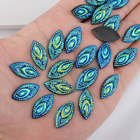 BOLIAO 20 piezas-diamantes de imitación de resina azul, para coser ropa/Hecho A Mano trabajo de arte, con forma de ojo, 11x22mm (0,43x0,87 pulgadas) AB ► Foto 1/3