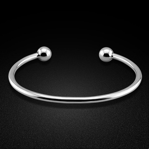 Brazaletes y pulseras de apertura lisa de plata 925 sólida para mujer, joyería femenina de mano, pulsera de cuentas al por mayor ► Foto 1/6