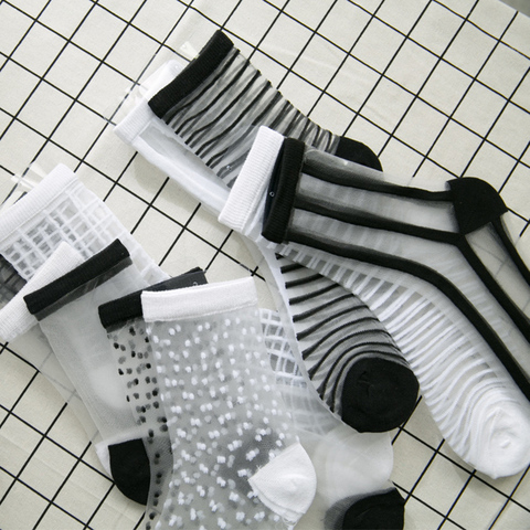 Calcetines tobilleros Harajuku para mujer, a la moda, transparentes, a rayas, cortos, blancos y negros, para verano ► Foto 1/6