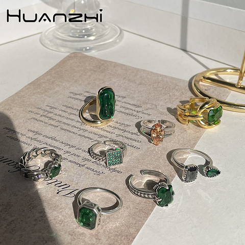 HUANZHI-Anillo de plata de primera ley con estrás para mujer, sortija, plata esterlina 2022, Estilo Vintage, estrás de cristal verde, rectangular, ovalado, fiesta ► Foto 1/6