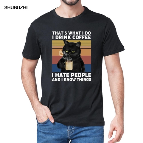 Camiseta de algodón con estampado de gato negro para hombre y mujer, camisa de estilo Vintage con estampado de gato negro, frase I Do I Drink Coffee I Hate People, para verano ► Foto 1/6