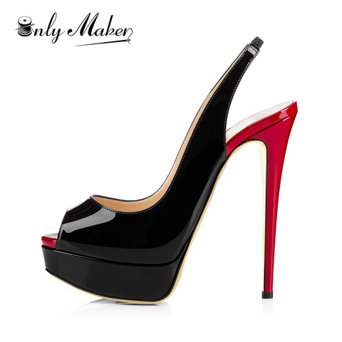 Onlymaker-Sandalias de tacón alto de aguja con plataforma y Punta abierta, zapatos sexys de charol, con corazón y correa en el tobillo, color rojo y negro ► Foto 1/6