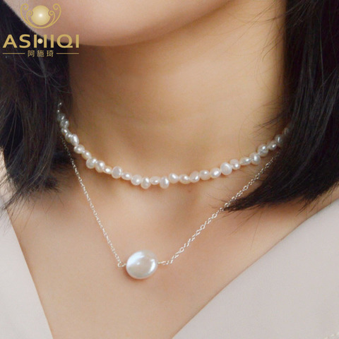ASHIQI Multi capa barroco Natural perla Cadena de clavícula joyería de plata de ley 925 collar de gargantilla de moda 2022 ► Foto 1/6