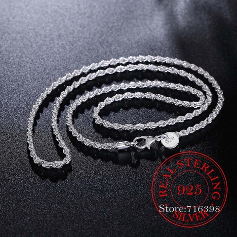 Collar de cuerda trenzada de 3mm para hombre, 100% Plata de Ley 925 Real, joyería fina, tamaño 16-30 pulgadas ► Foto 1/5