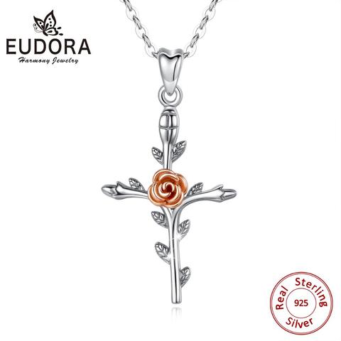 Eudora-Plata de Ley 925 auténtica con colgante de flor rosa y oro para mujer, colgante de collar con punto de cruz, joyería fina para mujer, regalo romántico para fiesta D174 ► Foto 1/6
