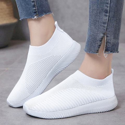 Zapatos de mujer de talla grande, zapatillas de deporte para otoño 43, zapatos vulcanizados para mujer, zapatos planos informales sin cordones, calzado para caminar de malla blanca suave ► Foto 1/6