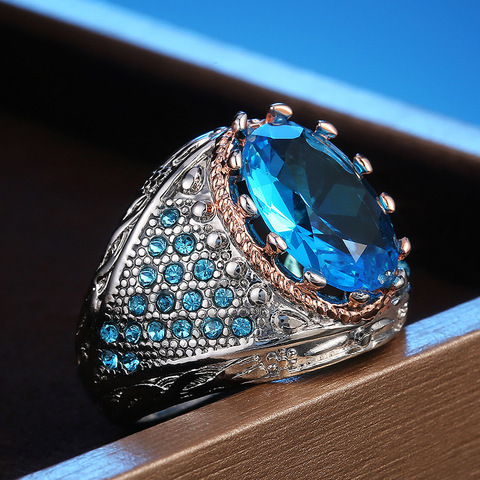 Anillo de plata Vintage con piedra grande para hombre, joyería turca, Gema de Aguamarina, joyería fina ► Foto 1/6