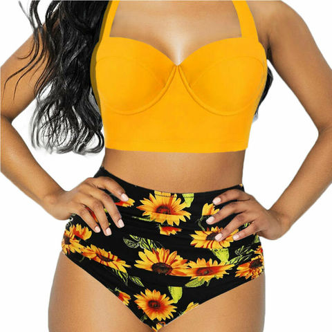 Conjunto de Bikini con estampado de girasol para mujer, traje de baño Sexy con estampado de girasol, de cintura alta, Push-Up, estilo Halter, novedad de verano ► Foto 1/6