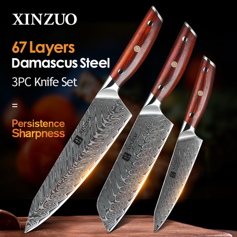 XINZUO-Juego de cuchillos de cocina de acero damasco, Santoku, afilado, cortador, herramientas de Cuchillo de regalo, 3 uds., VG10 ► Foto 1/6