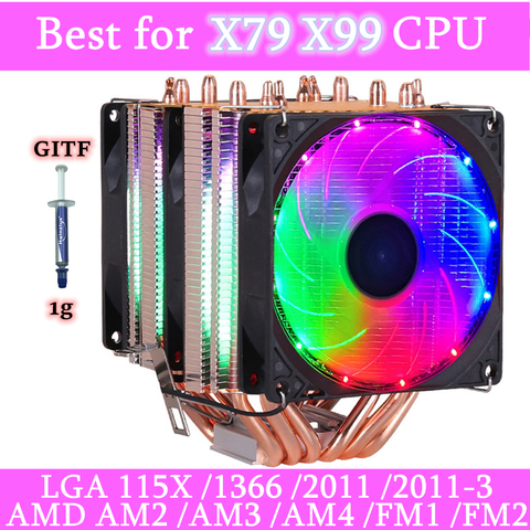 6 Heatpipes RGB CPU Ventilador de enfriamiento silencioso PWM 4PIN 130W TDP para Intel 1150, 1155, 1156, 1366, 2011 X79 X99 AM2 AM3 AM4 Ventilador ► Foto 1/6