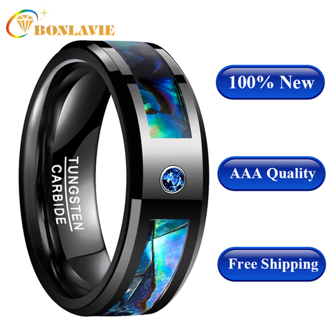 Anillo de boda con zirconia cúbica azul para hombre y mujer, sortija de boda, tungsteno, concha de abulón, zirconia, circonita, zirconita, circón, color negro, calidad AAA ► Foto 1/6