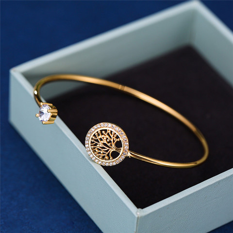 Pulsera de piedra blanca de circón para mujer, brazalete ajustable con diseño de árbol de la vida, de oro rosa, para boda ► Foto 1/6