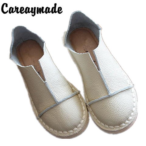 Careaymade-zapatos retro hechos a mano para mujer, calzado literario de piel de vaca pura, boca baja, blanco, 4 colores ► Foto 1/6