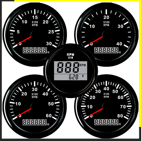 Tacómetro para auto motor 52/85mm redondo Mini LCD Digital de luz roja 0-9990 RPM del motor del camión de 12 V 24 V vuelta temporizador (contador de horas) ► Foto 1/6