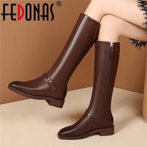 FEDONAS-botas elegantes de tacón grueso hasta la rodilla para mujer, zapatos de fiesta, piel auténtica, punta cuadrada, novedad, invierno, 2022 ► Foto 1/6