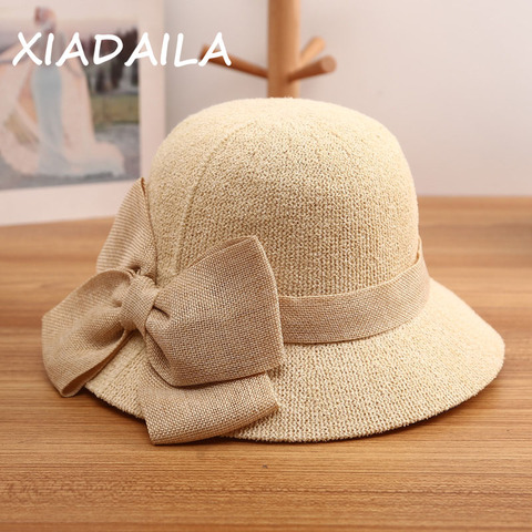 Sombrero de pescador con lazo para mujer, gorro de lavabo, versión coreana, versátil, a la moda, sombrero para el sol plegable, pequeño ► Foto 1/6