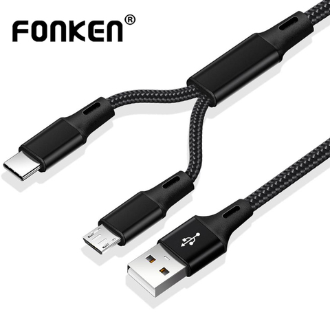 Cable USB FONKEN 2 en 1 Cable Micro USB tipo C Cables cargador rápido tableta teléfono carga Cable 2in1 Nylon trenzado android carga cables ► Foto 1/6