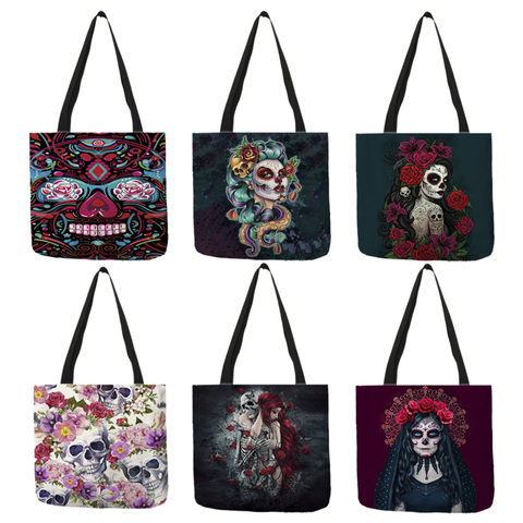 B01104, bolso de mano con estampado de calavera Floral para el Día de los muertos, bolsos de mano para mujer, bolsas de compras con calavera de azúcar para mujer, de gran capacidad ► Foto 1/6