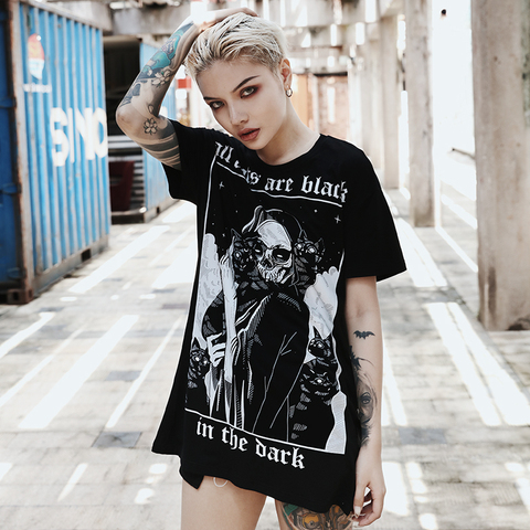 Camiseta larga sunfiz YF gótica negra con cuello redondo y manga corta con estampado de calavera y gato, Camiseta holgada para mujer Punk gótica de verano 2022 ► Foto 1/6