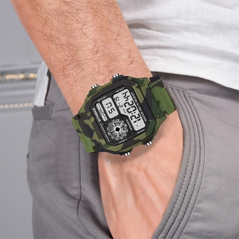 SYNOKE-relojes deportivos digitales para hombre, cronógrafo multifuncional de pulsera con alarma verde militar de camuflaje, estilo G ► Foto 1/6