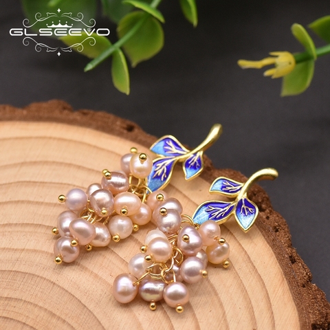 GLSEEVO-pendientes de gota con forma de uva y Perla Natural para mujer, aretes irregulares hechos a mano personalizados, accesorios de joyería de lujo, GE0981 ► Foto 1/6