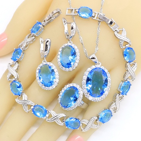 Conjunto de joyería nupcial para mujer, de plata 925, azul cielo claro, pulsera, pendientes, collar, anillo colgante, regalo de cumpleaños ► Foto 1/6