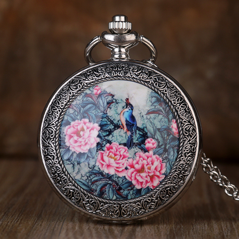 Reloj de bolsillo de cuarzo plata Vintage con cadena pájaro vivo en el árbol con patrones de flores elegantes collar relojes de bolsillo colgantes ► Foto 1/5