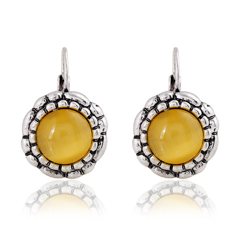 Bohemia Vintage amarillo girasol ojo de gato piedra pendientes de color plateado de aleación de Zinc pendientes para mujer regalo de la joyería ► Foto 1/6