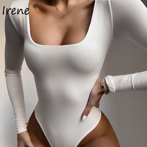 Irene-Body Sexy básico informal para mujer, Tops de manga larga en blanco y negro, Bodycon estirado con cuello cuadrado, Mono para mujer ► Foto 1/6