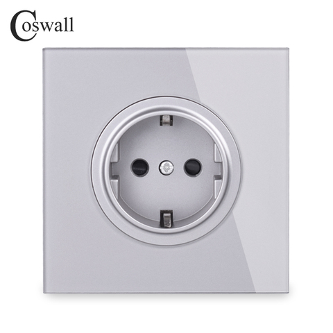 Coswall-Panel de cristal 16A toma de corriente de pared estándar europeo, conexión a tierra con cerradura protectora para niños, serie R11, gris ► Foto 1/4