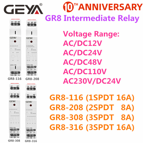 GEYA GR8 relé intermedio AC/DC12V 24V 48V 48V 110V AC230V relé auxiliar 8A 16A 1SPDT 2SPDT 3SPDT electrónicos interruptor de relé ► Foto 1/6