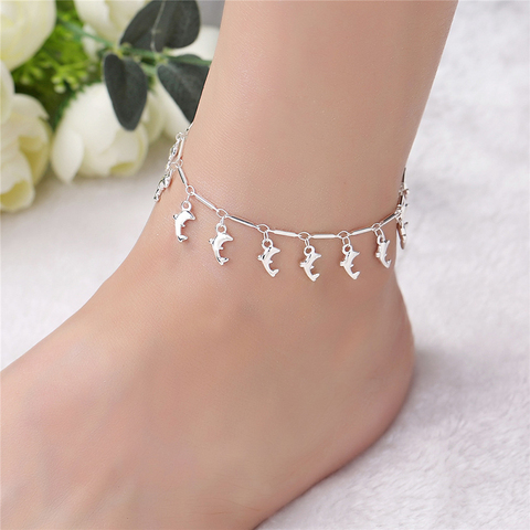 Pulseras tobilleras de Plata de Ley 925 para mujer, abalorio de borla de delfines, cadena de eslabones, tobillera para pie, joyería de lujo, tobillera bonita 2B176 ► Foto 1/3