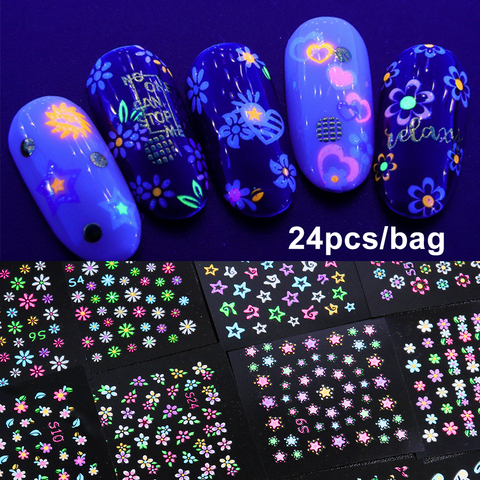 Adhesivos para uñas 3D de mariposa, luminosos y coloridos, diseño acrílico, deslizador de flores, calcomanía adhesiva que brilla en la oscuridad, 24 Uds. ► Foto 1/6