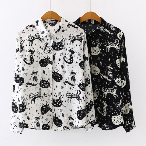 Blusas con estampado de gato y dibujos animados para Mujer, Camisa de gasa de manga larga ajustada a la moda, color blanco y negro, otoño y primavera ► Foto 1/6