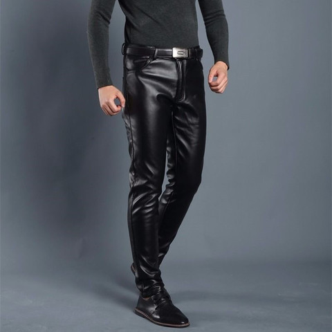 Pantalones de cuero de terciopelo cálido para hombre, Leggings de color negro, sólido, pantalones de piel de imitación, vaqueros, Otoño e Invierno ► Foto 1/6