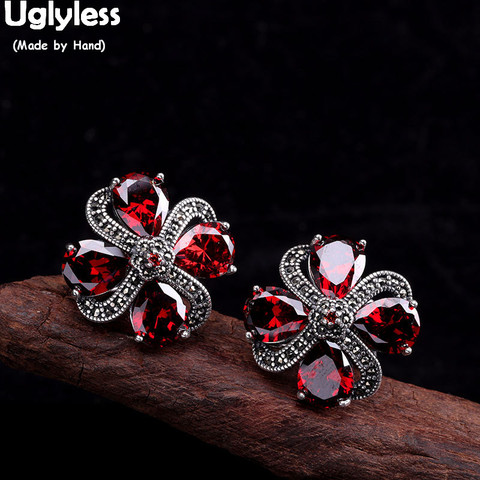 Pendientes de broche de trébol granate sin Uglyless para mujer plata tailandesa tachuelas florales étnicas marcasita Brincos de plata Real 925 Bijoux E1451 ► Foto 1/6