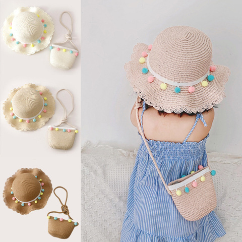 Sombrero de paja con protección solar para niños y niñas, sombrero de paja con bolsa, bonito y transpirable, accesorios para bebés ► Foto 1/6