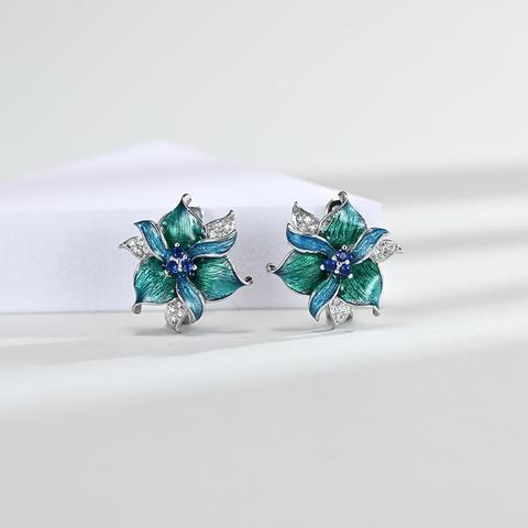 Pendientes colgantes de esmalte verde para mujer, aretes de plata de ley elegante, estilo bohemio, flor, boda, compromiso, joyería ► Foto 1/2