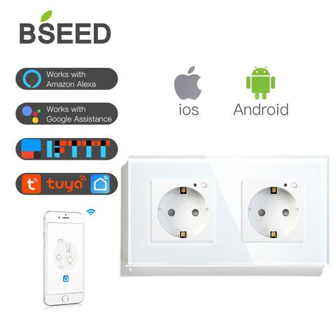 BSEED-Enchufes dobles con Wifi, enchufes de pared estándar de la UE, 16A, 110V-250V, Panel de cristal blanco y negro dorado, soporte para Tuya y Google ► Foto 1/6