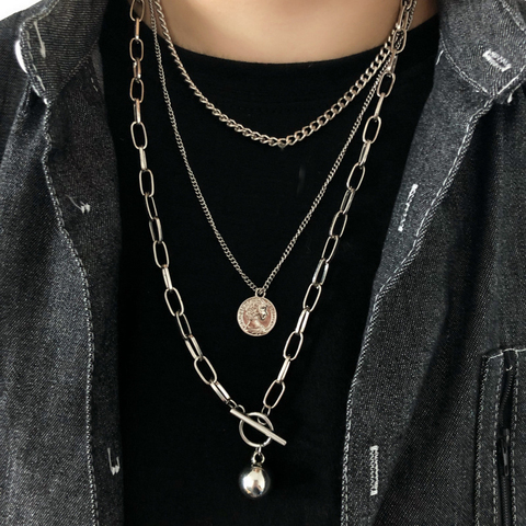 Nueva moda de bola de Metal moneda Cruz colgante Multi-capa diseño Punk largo collar de cadena para las mujeres de la joyería de los hombres regalos ► Foto 1/6