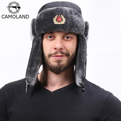 Insignia soviética Rusia Ushanka sombrero impermeable chaqueta sombreros piloto trampero sombrero de policía de invierno Faux conejo con orejeras de piel de los hombres nieve tapas ► Foto 1/6