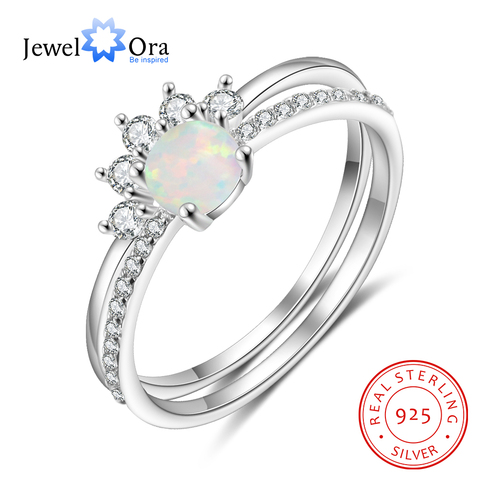 JewelOra-anillo de plata de ley 925 con forma de corona para mujer, sortija redonda de ópalo blanco con circonia cúbica, joyería 925 ► Foto 1/6