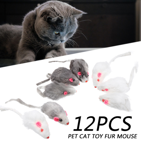 Ratones de juguete de piel para mascotas, juguete de ratón cargado mezclado para gatos jugando con sonido, color blanco y negro, 12 Uds. ► Foto 1/6